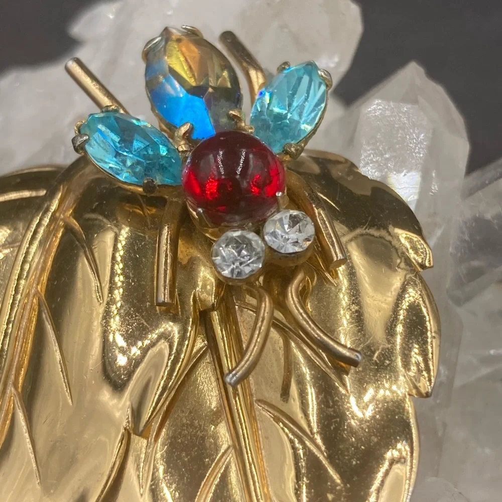 Vintage Coro Double Leaf and Rhinestone Bug Brooch